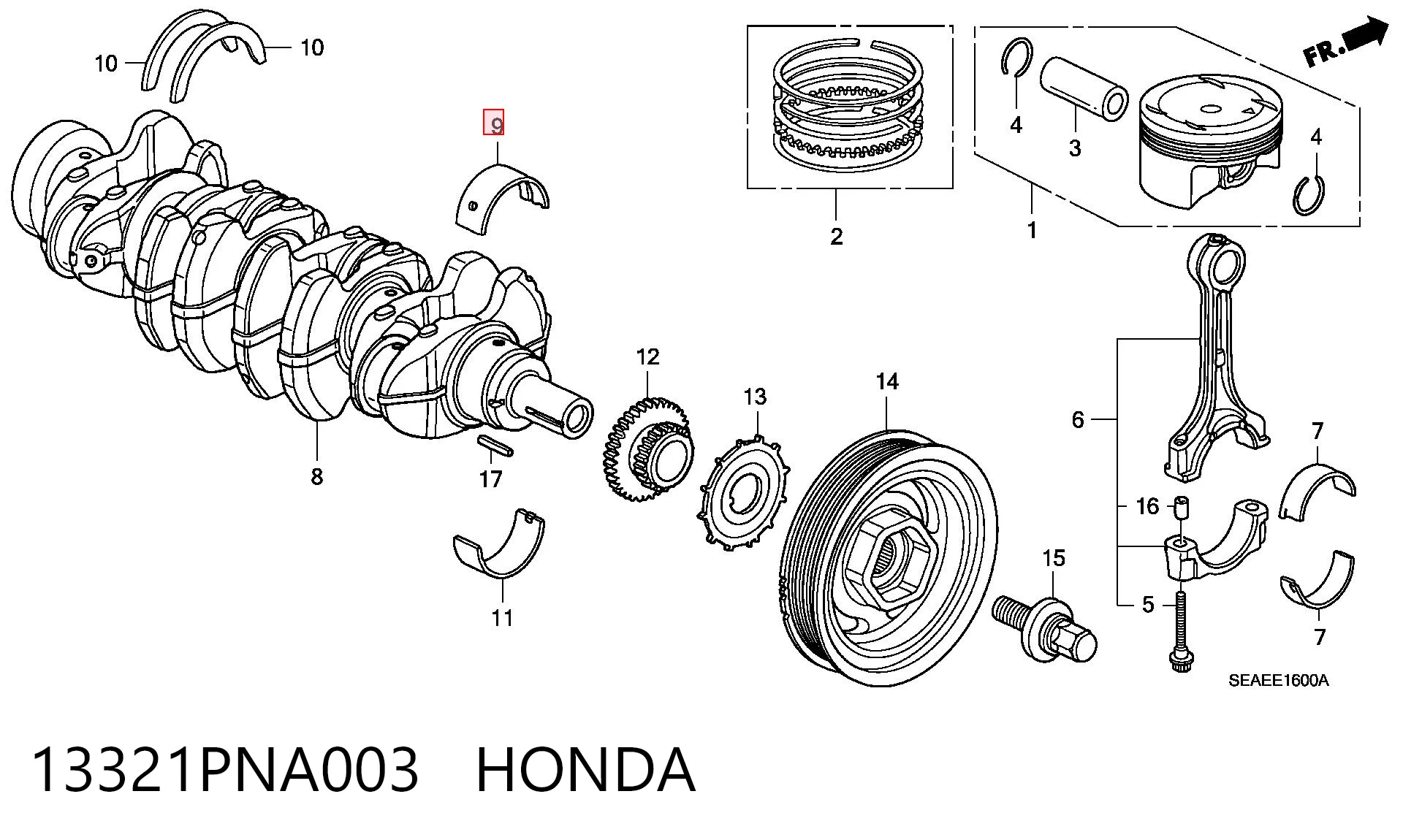13321PNA003 Honda Panewki główne wału korbowego, zestaw, standardowe (STD)