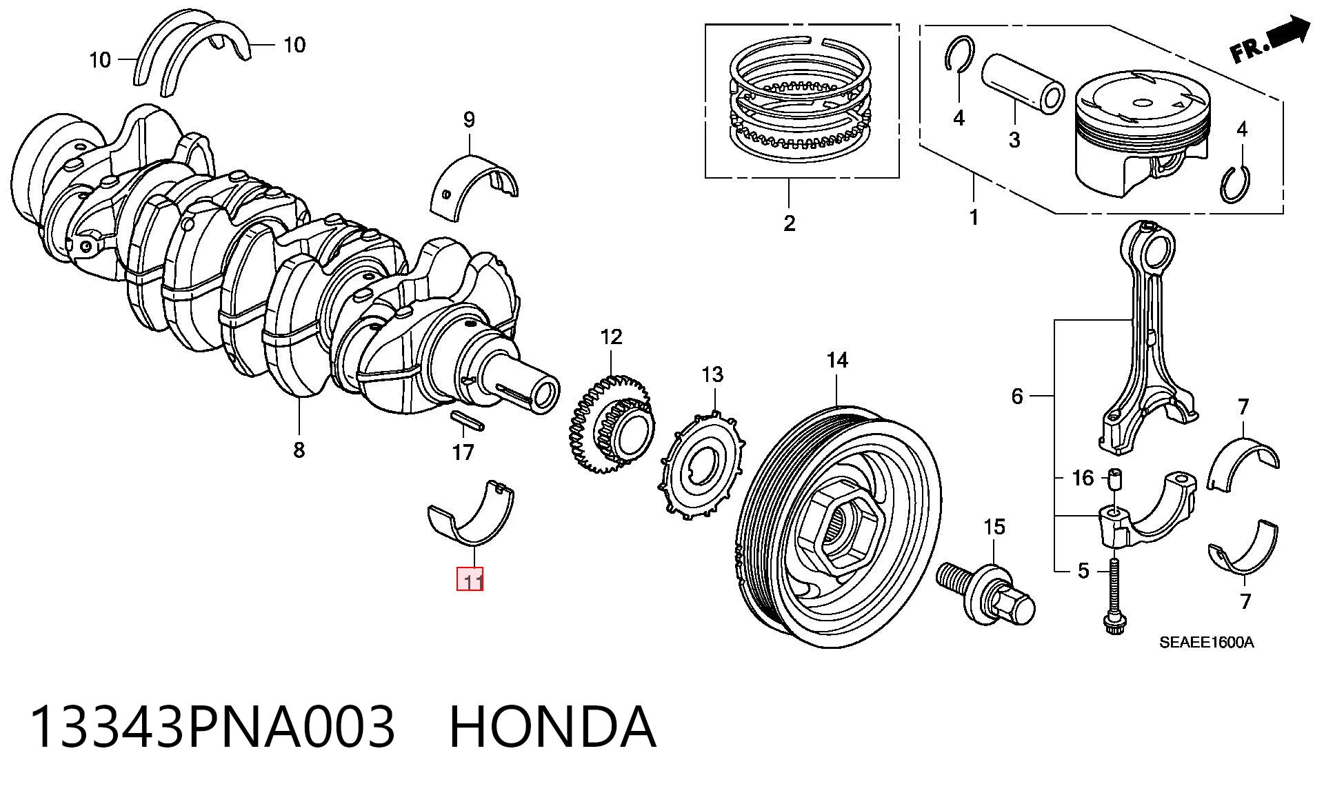 13343PNA003 Honda Panewki główne wału korbowego, zestaw, standardowe (STD)