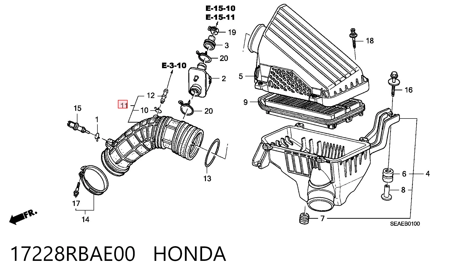 17228RBAE00 Honda Króciec powietrza, wylot filtra powietrznego