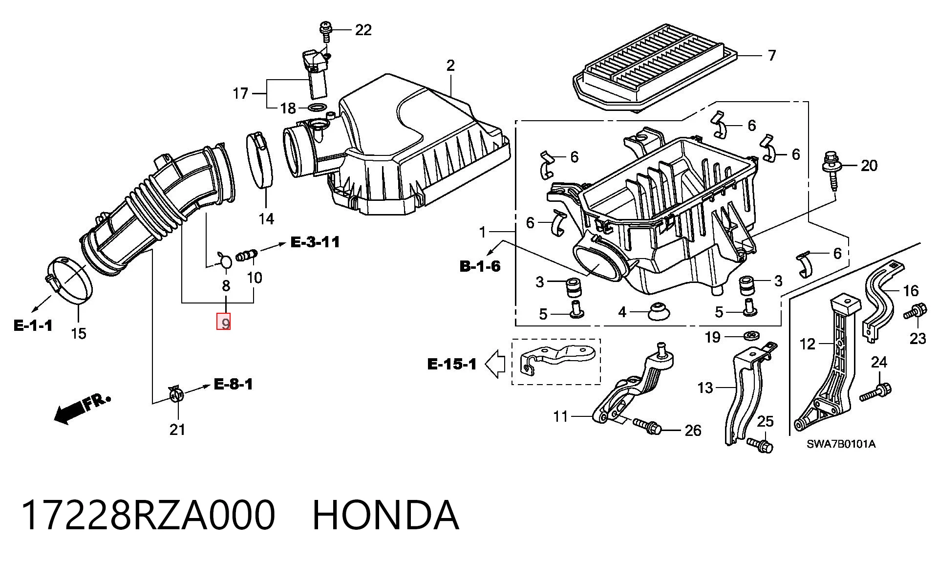 17228RZA000 Honda Króciec powietrza, wylot filtra powietrznego