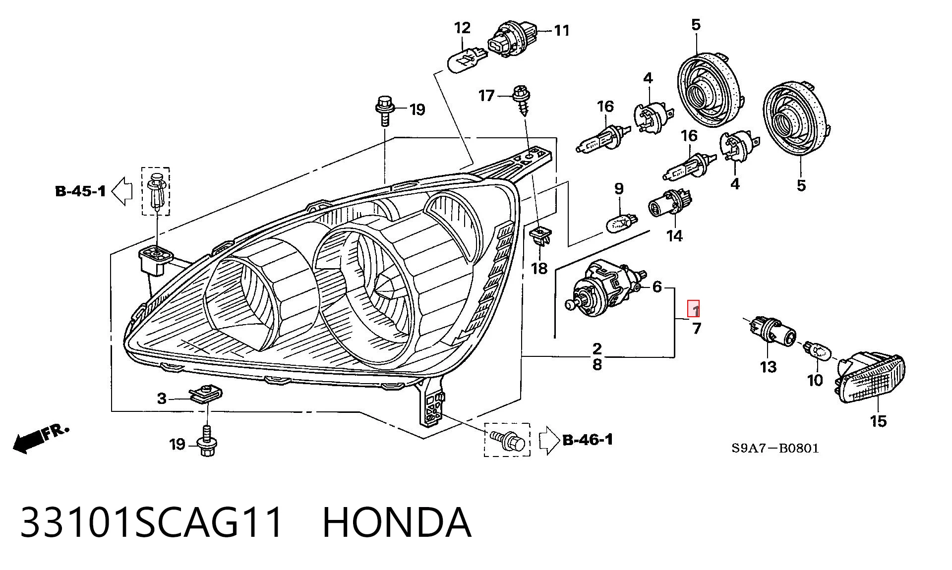 Reflektor prawy Honda CR-V II SUV (RD) (2002 - 2006) cena, od 187,35 USD
