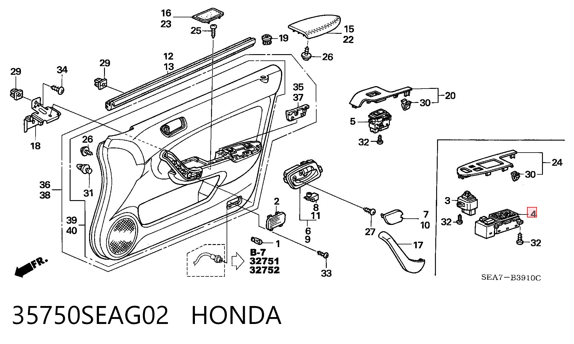 35750SEAG02 Honda Panel przyciskowy sterowania podnośnikiem szyby przedni lewy