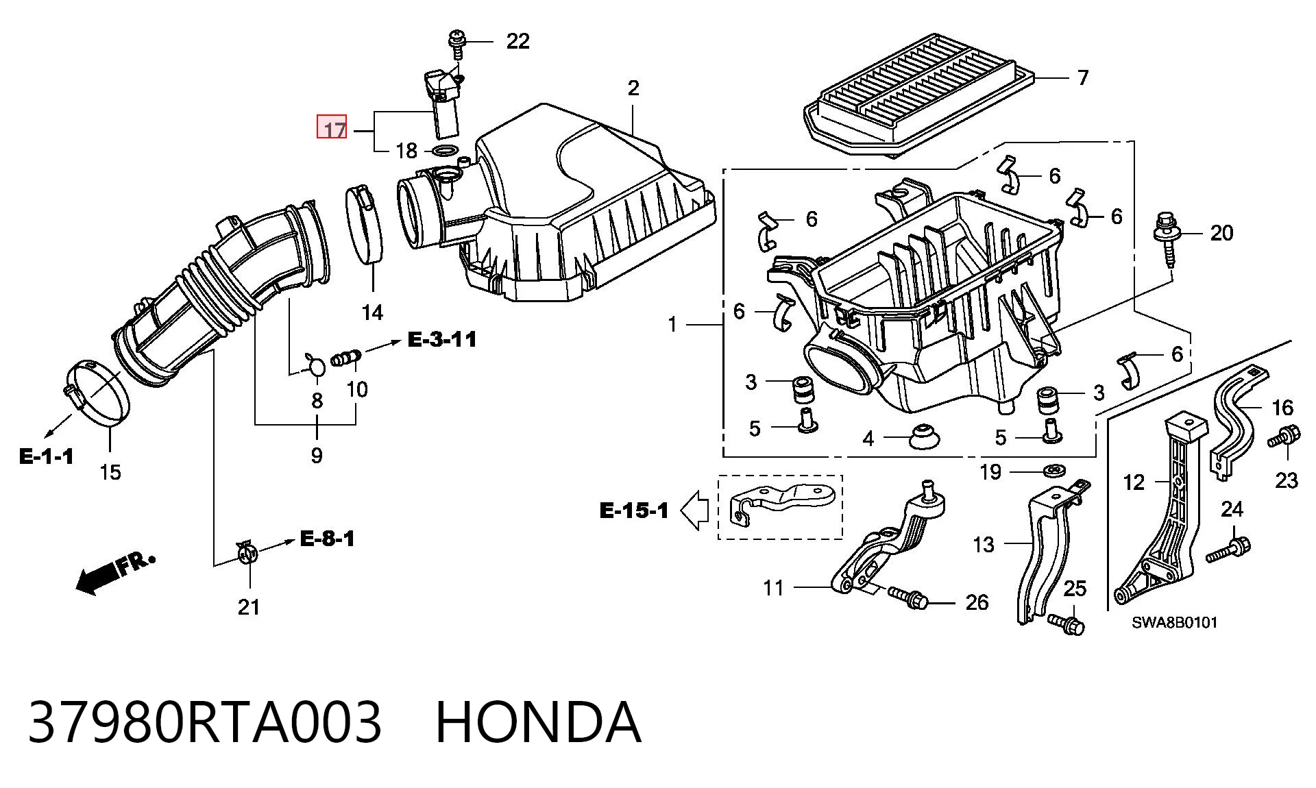 37980RTA003 Honda Czujnik przepływu powietrza, przepływomierz powietrza M.A.F.