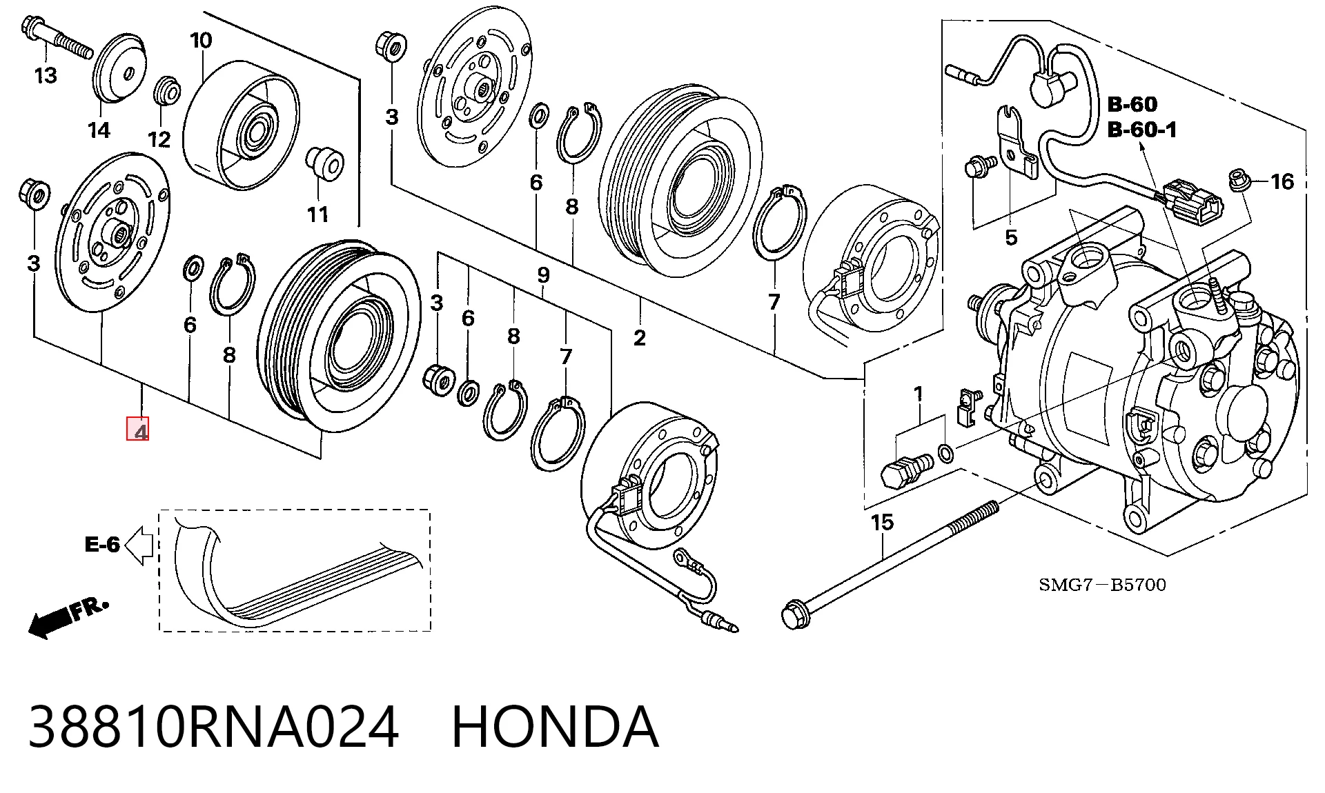 38810RNA024 Honda Koło pasowe sprężarki klimatyzacji