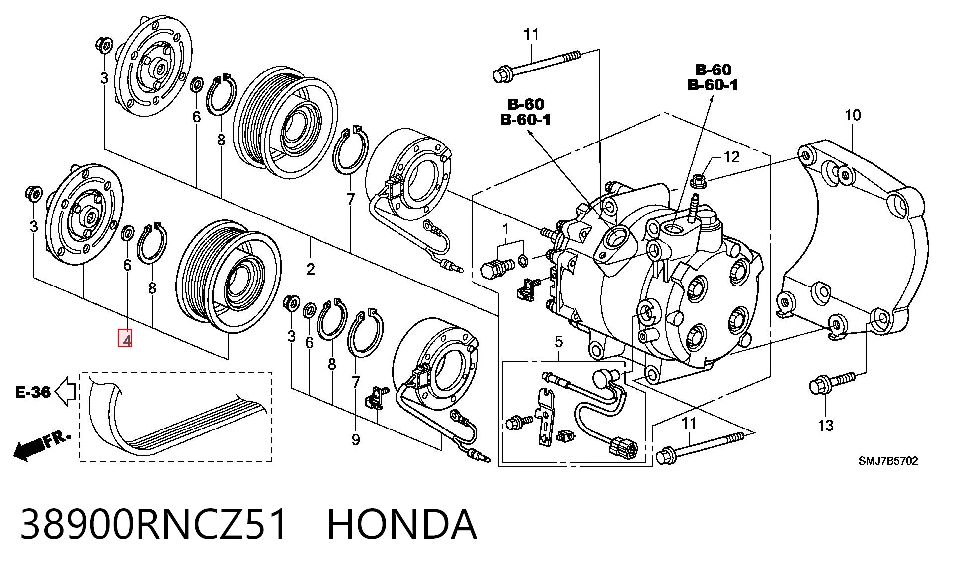 38900RNCZ51 Honda Koło pasowe sprężarki klimatyzacji