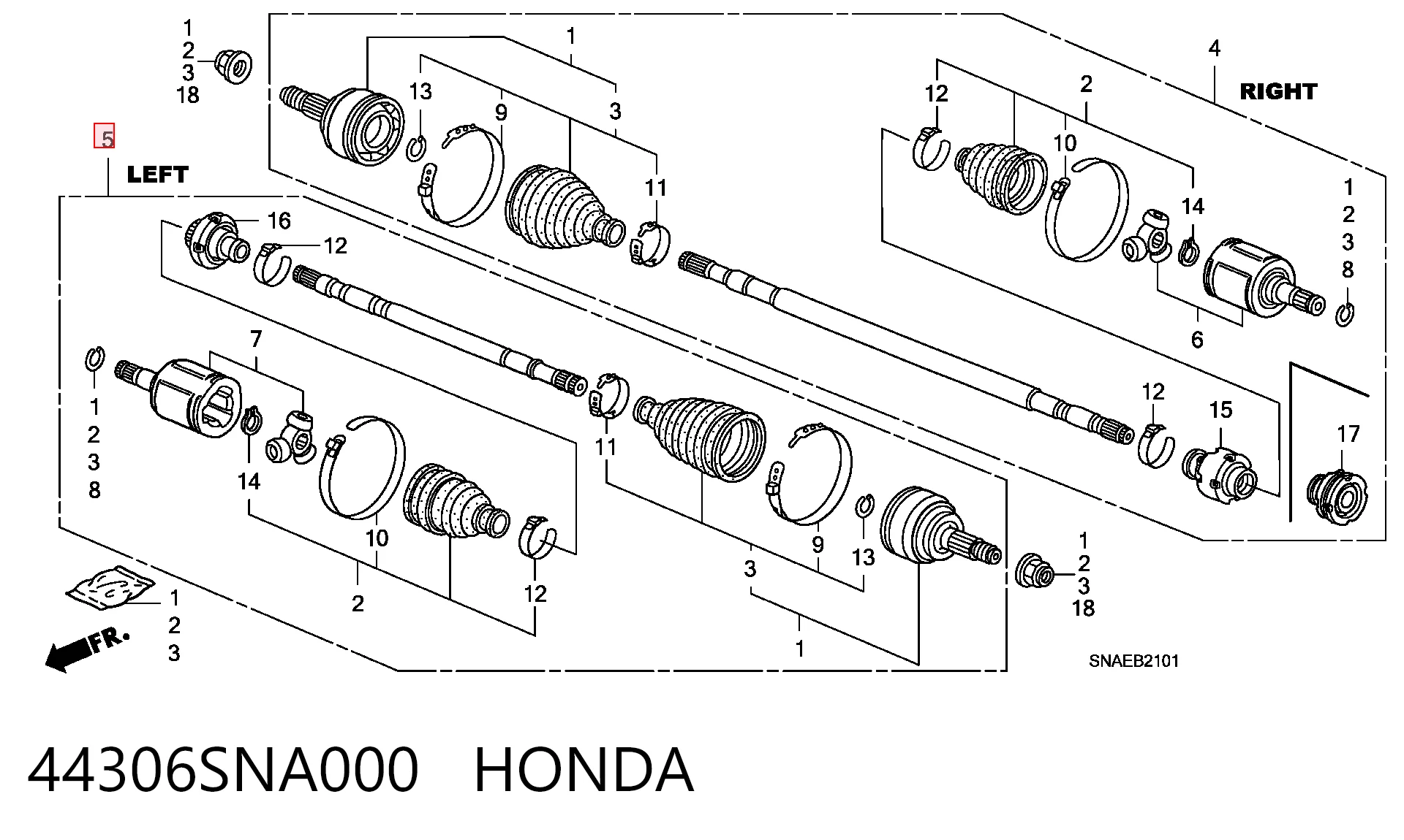 44306SNA000 Honda Półoś napędowa przednia lewa