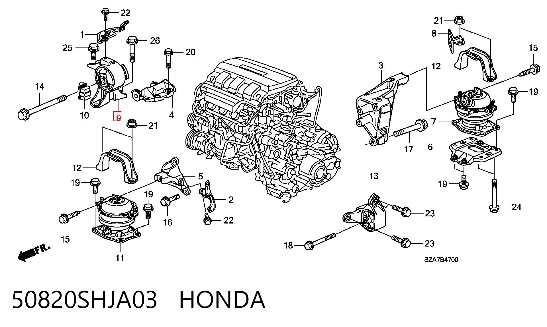 50820SHJA03 Honda Poduszka (podpora) silnika prawa