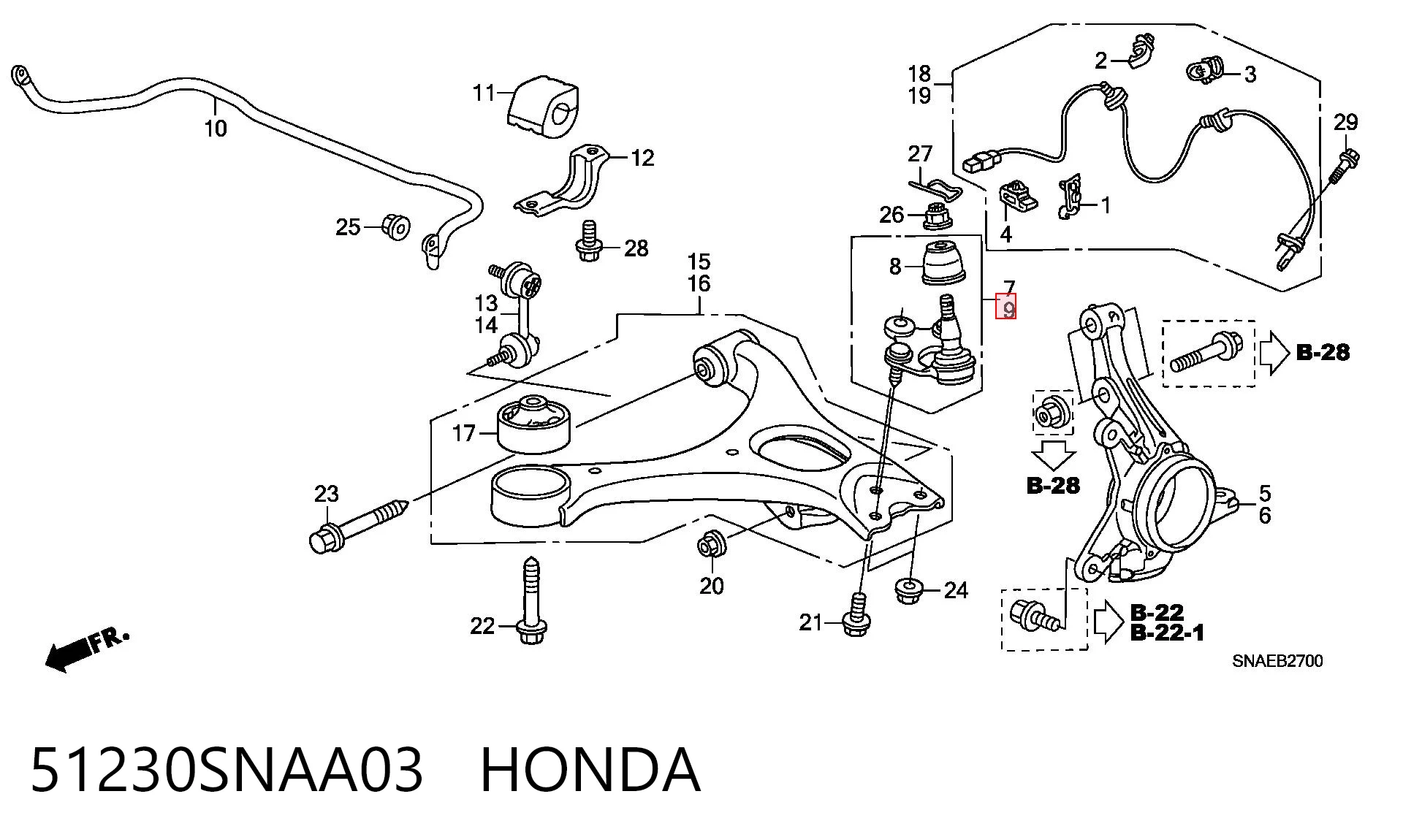51230SNAA03 Honda Sworzeń wahacza dolny