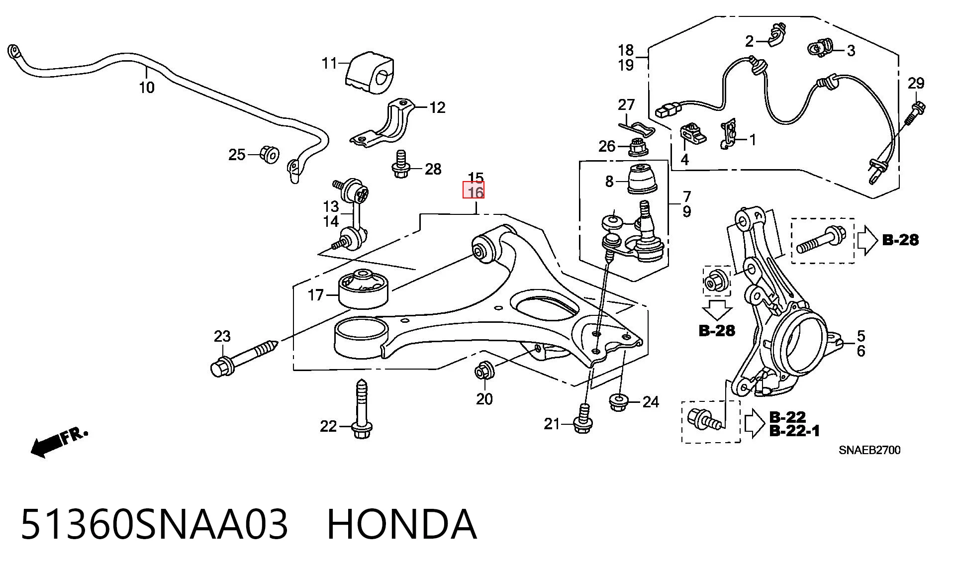 51360SNAA03 Honda Wahacz zawieszenia przedniego dolny lewy