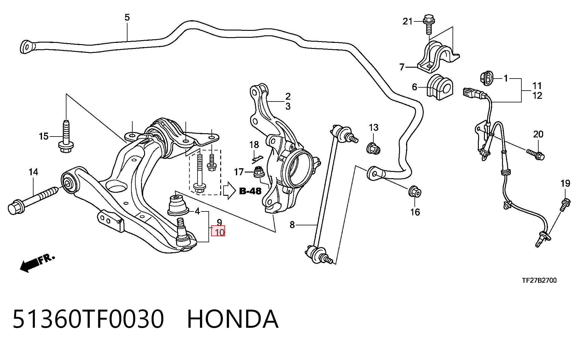 51360TF0030 Honda Wahacz zawieszenia przedniego dolny lewy