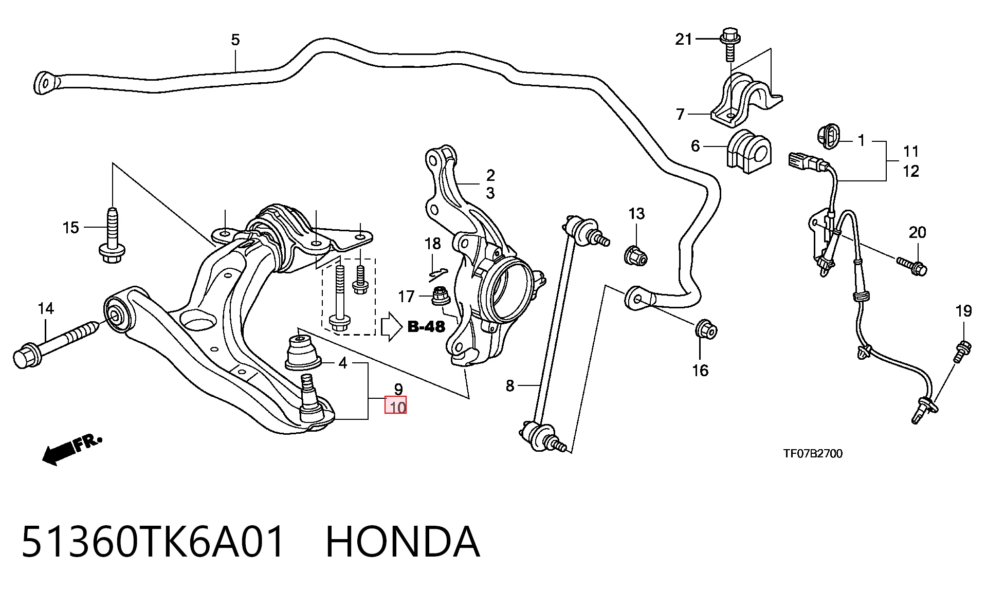 51360TK6A01 Honda Wahacz zawieszenia przedniego dolny lewy