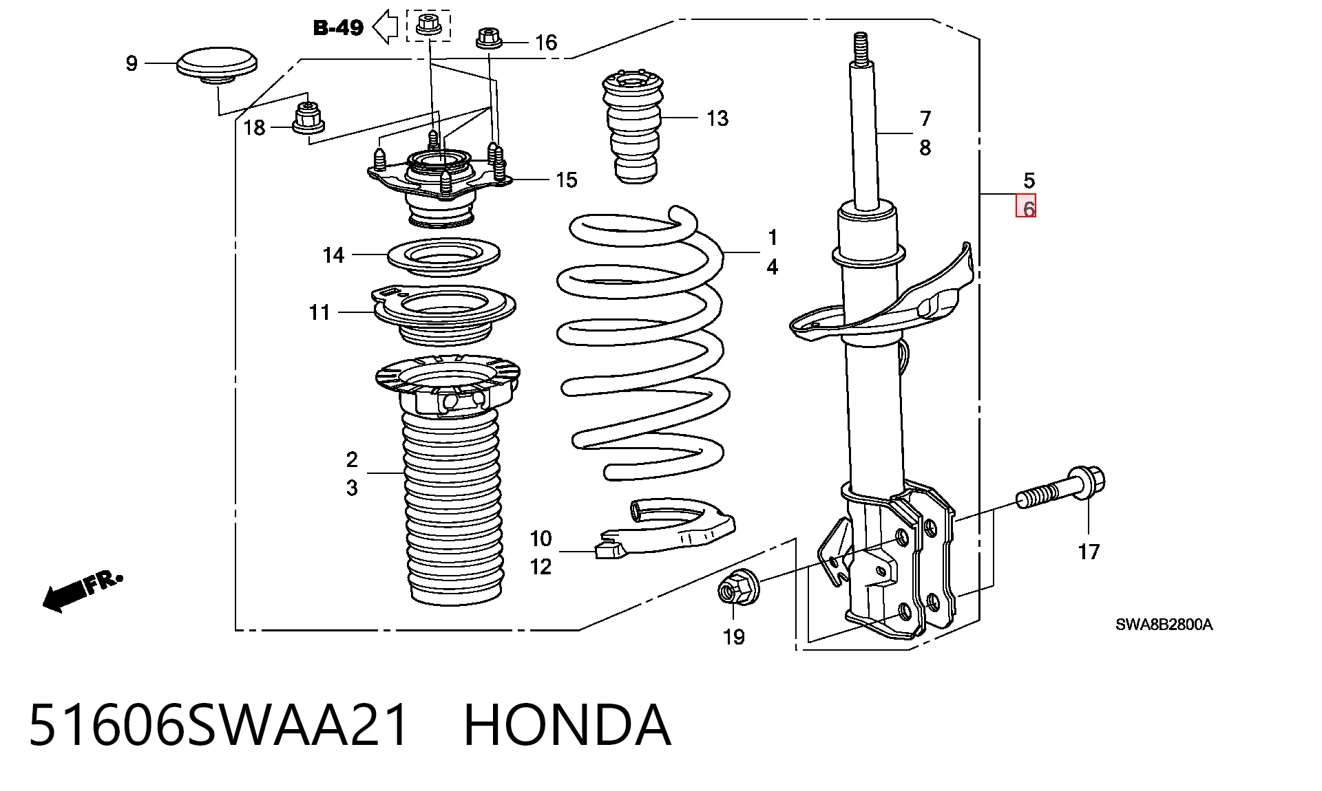 51606SWAA21 Honda Amortyzator przedni lewy