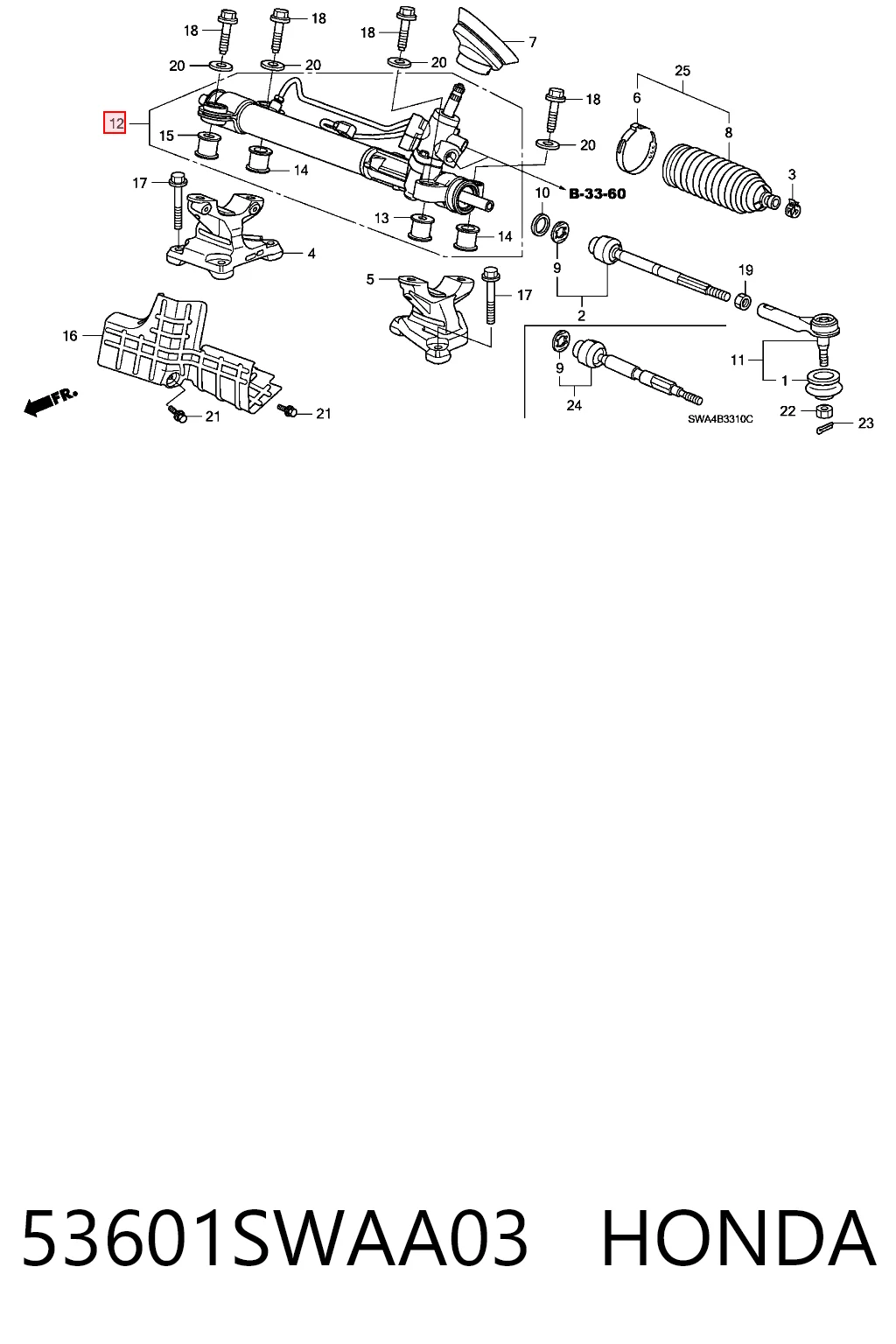 53601SWAA03 Honda Listwa kierownicza (maglownica)