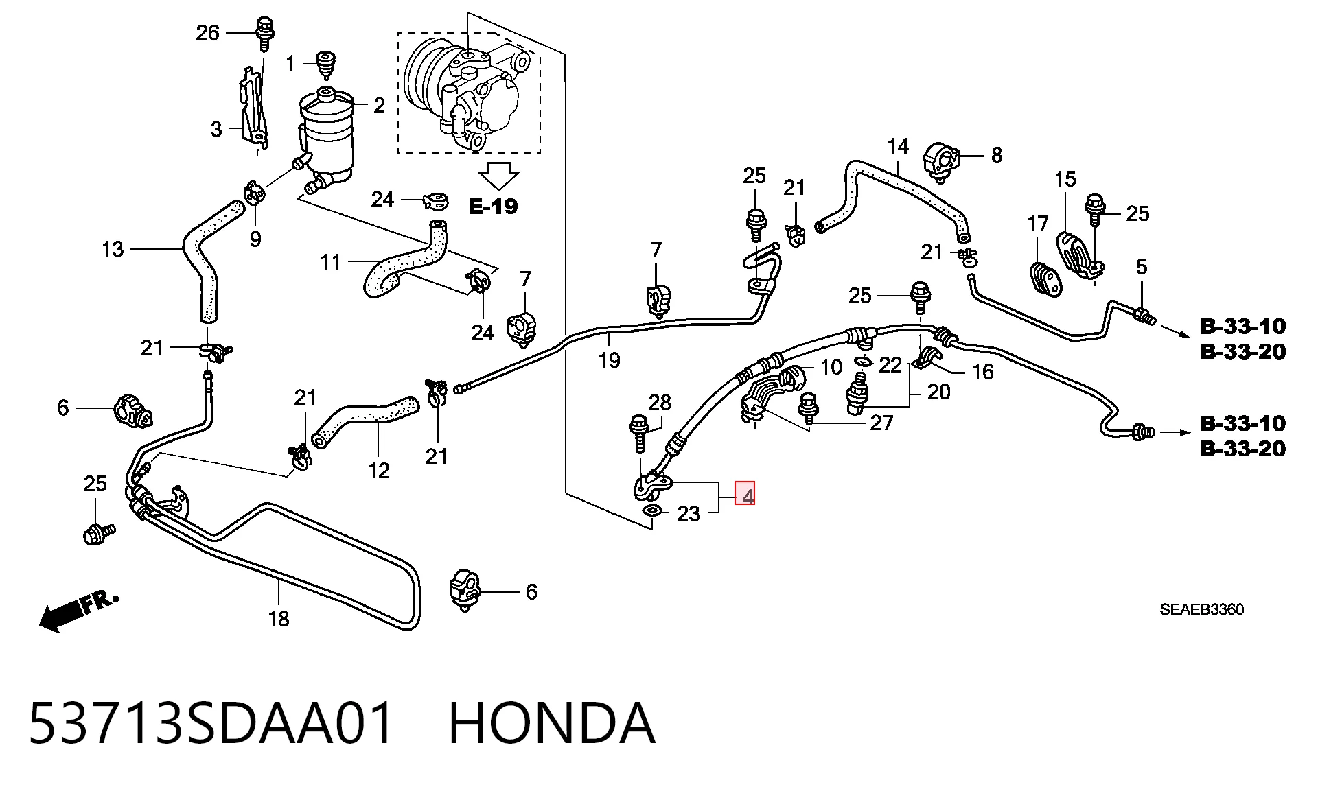 53713SDAA01 Honda Przewód hydraulicznego układu wspomagania wysokiego ciśnienia, od pompy do maglownicy (mechanizmu)