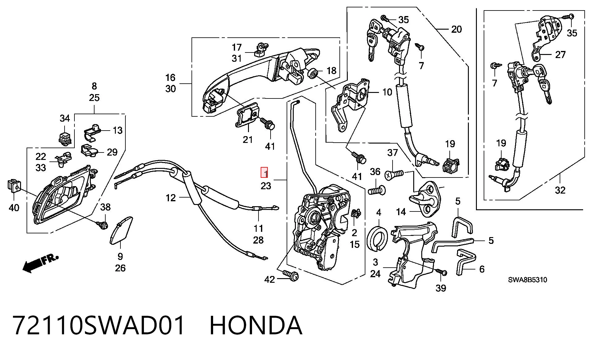 72110SWAD01 Honda Zamek drzwi przednich prawych