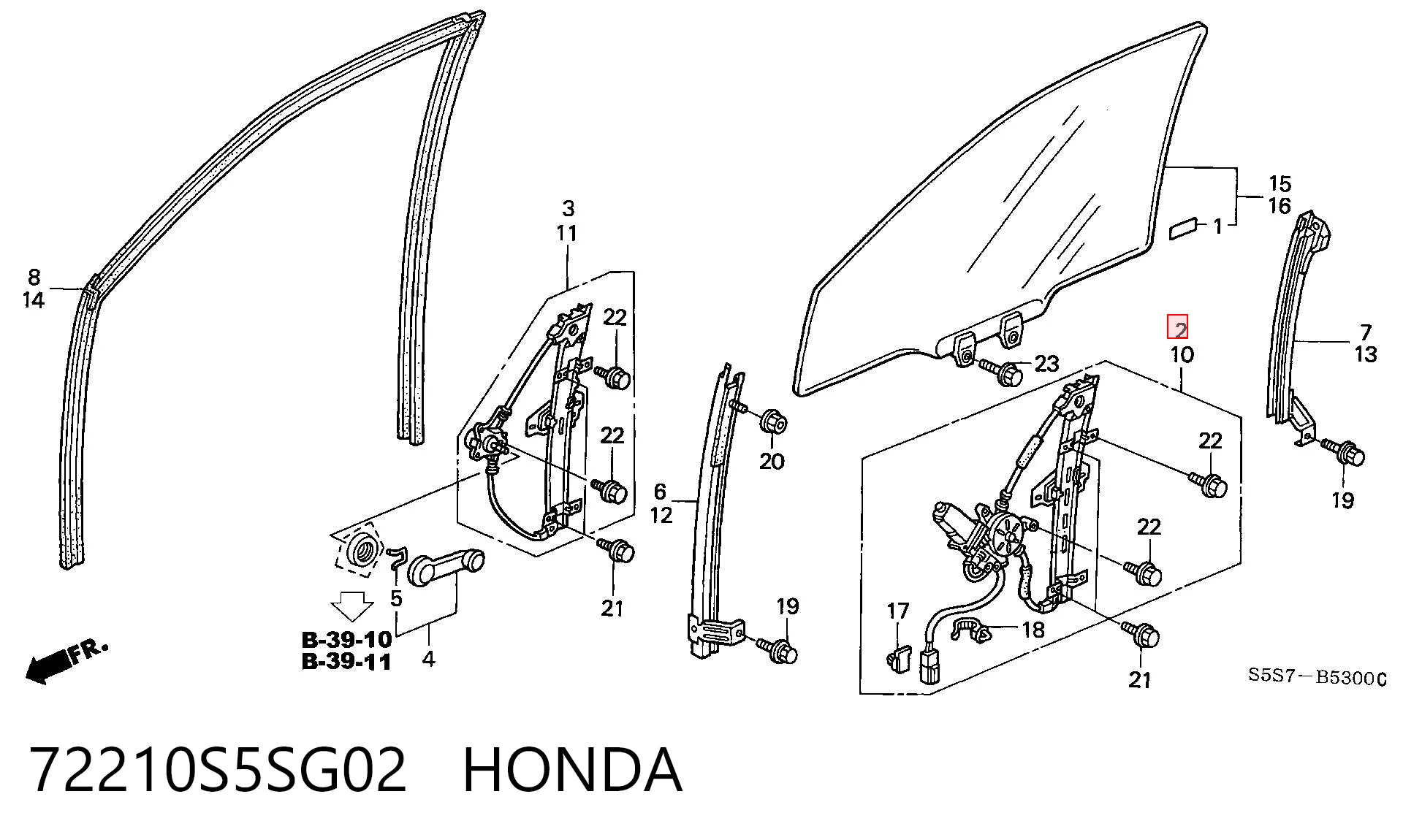 72210S5SG02 Honda Mechanizm podnoszenia szyby drzwi przednich prawych