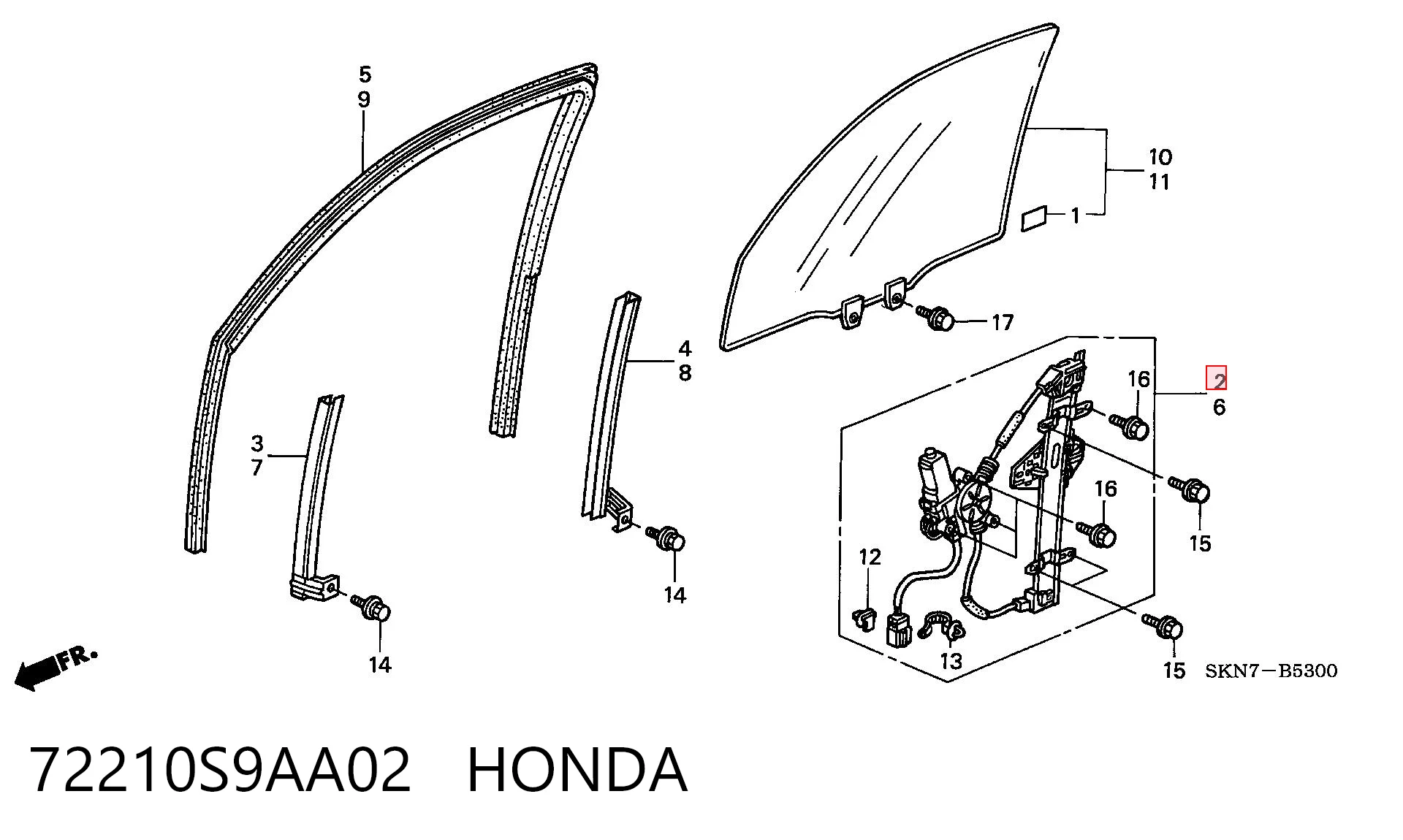 72210S9AA02 Honda Mechanizm podnoszenia szyby drzwi przednich prawych