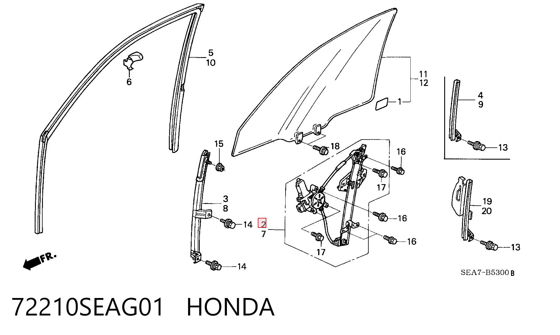 72210SEAG01 Honda Mechanizm podnoszenia szyby drzwi przednich prawych