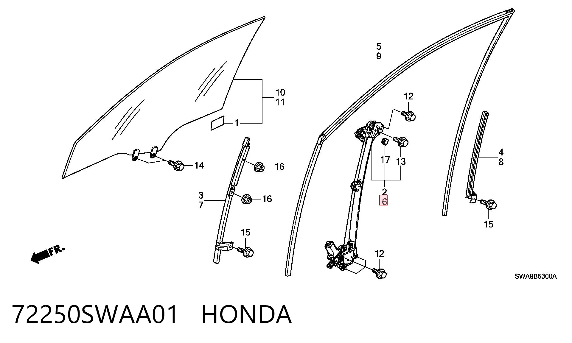 72250SWAA01 Honda Mechanizm podnoszenia szyby drzwi przednich lewych