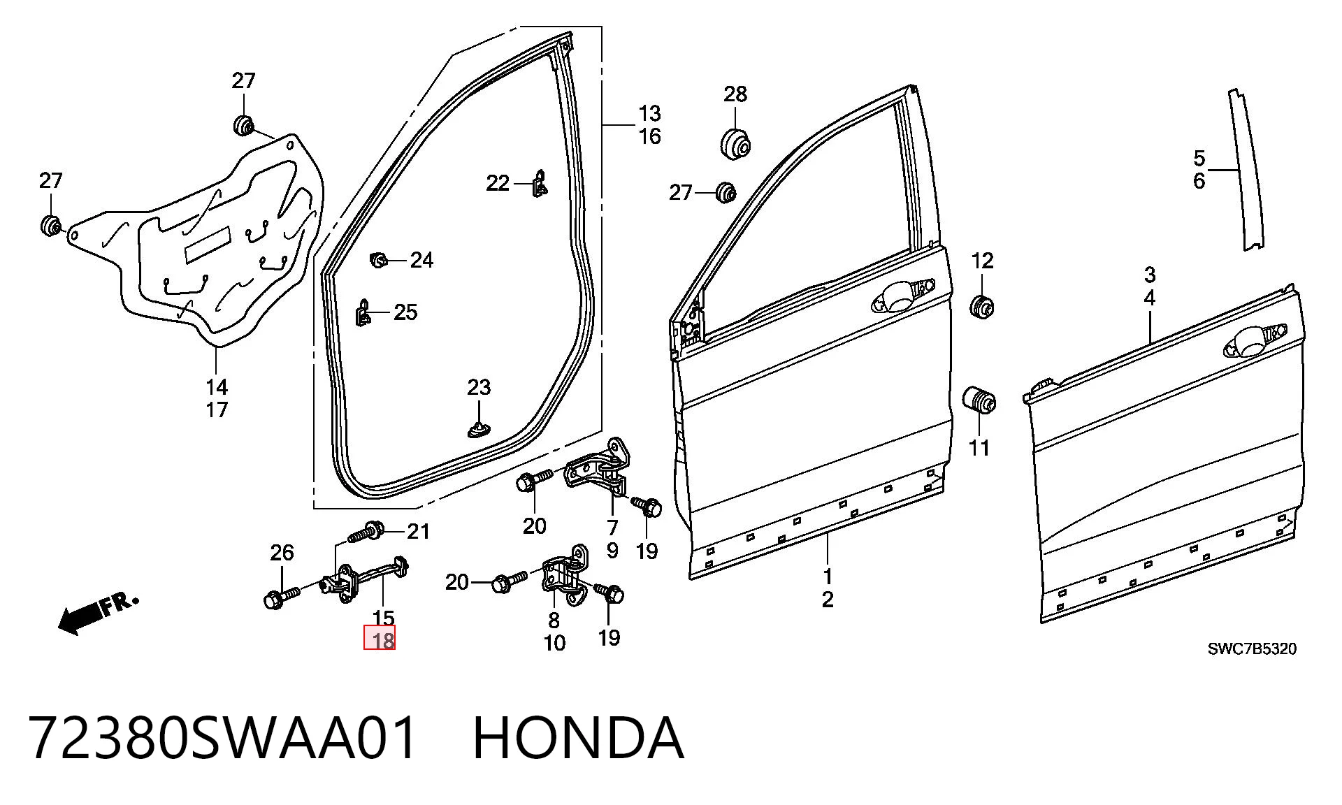 72380SWAA01 Honda Ogranicznik drzwi przedni lewy