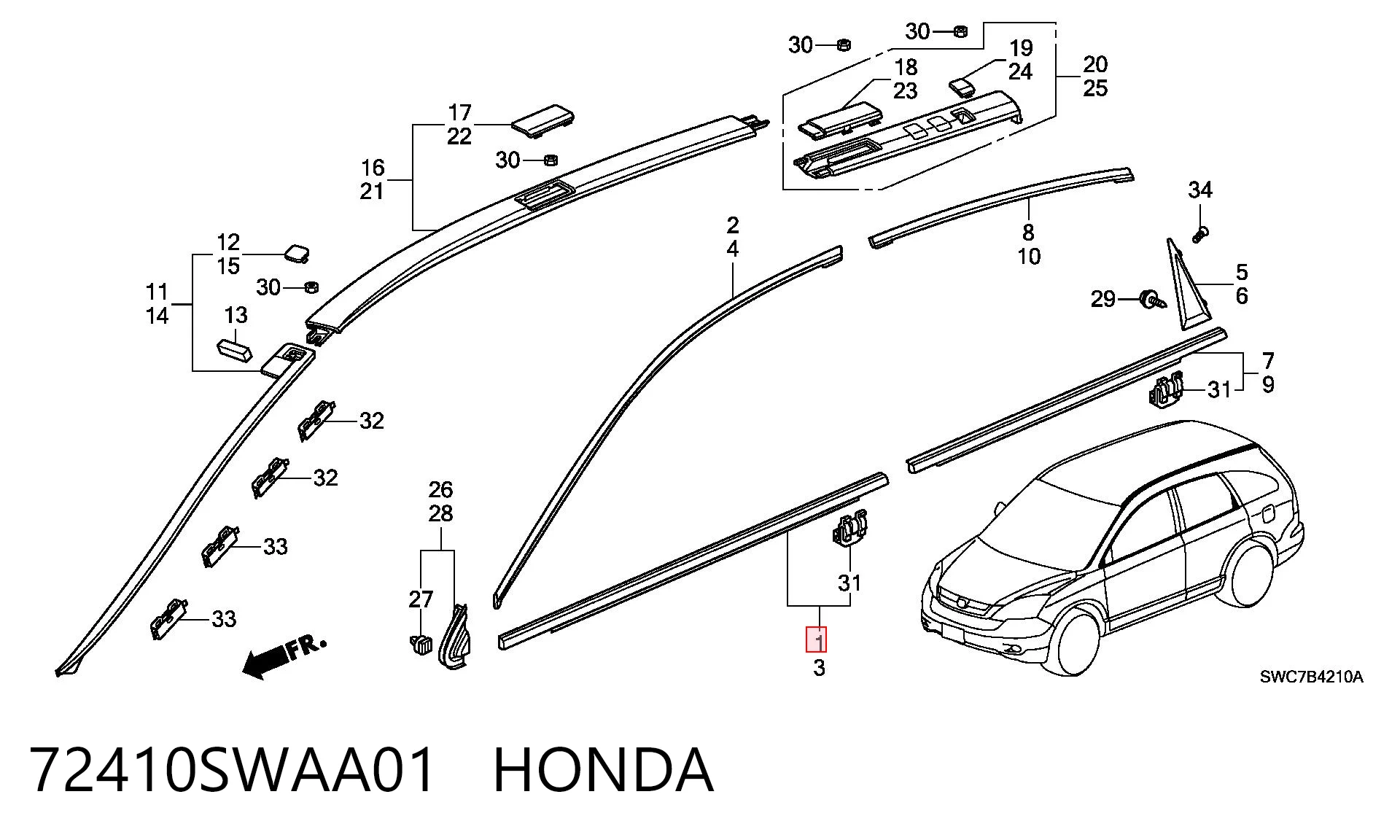 72410SWAA01 Honda Listwa ochronna szyby drzwi przednich prawych