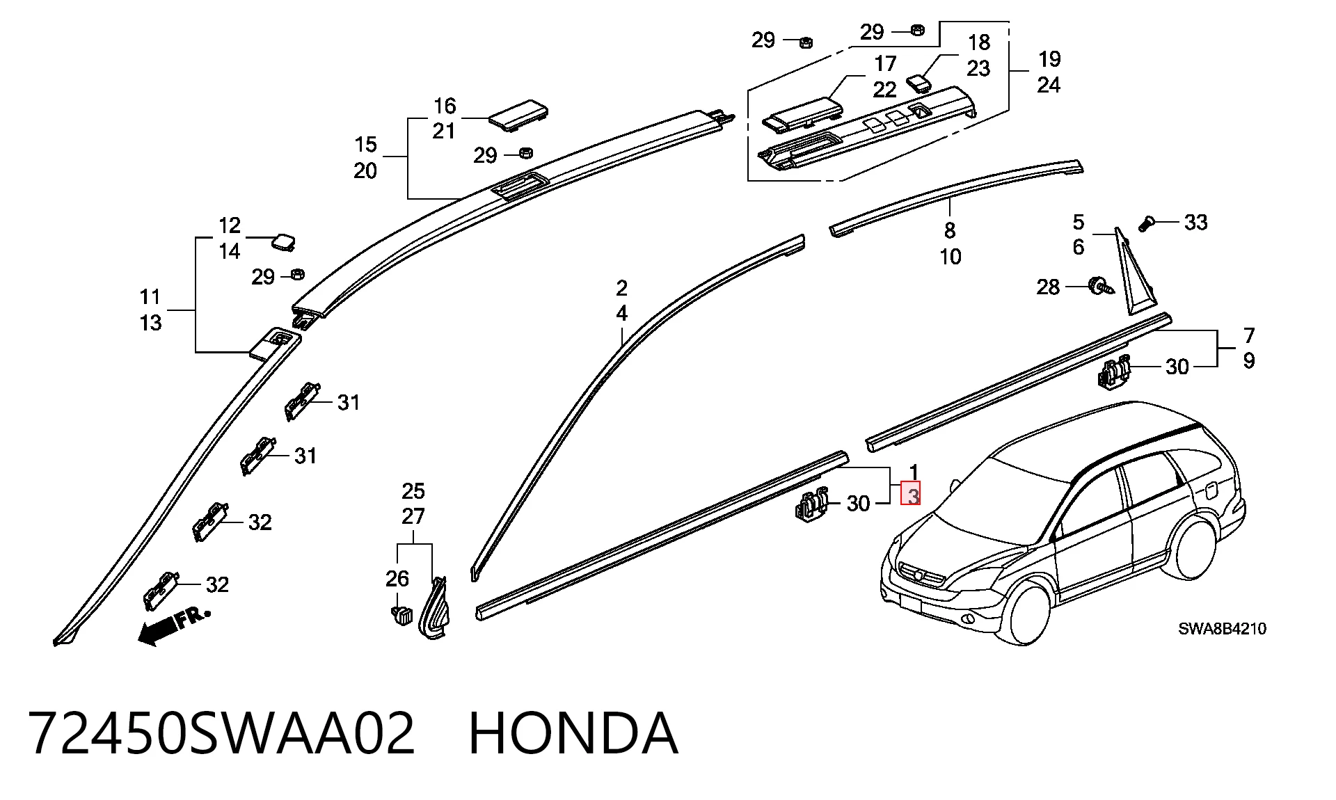 72450SWAA02 Honda Listwa ochronna szyby opuszczanej drzwi przednich lewych