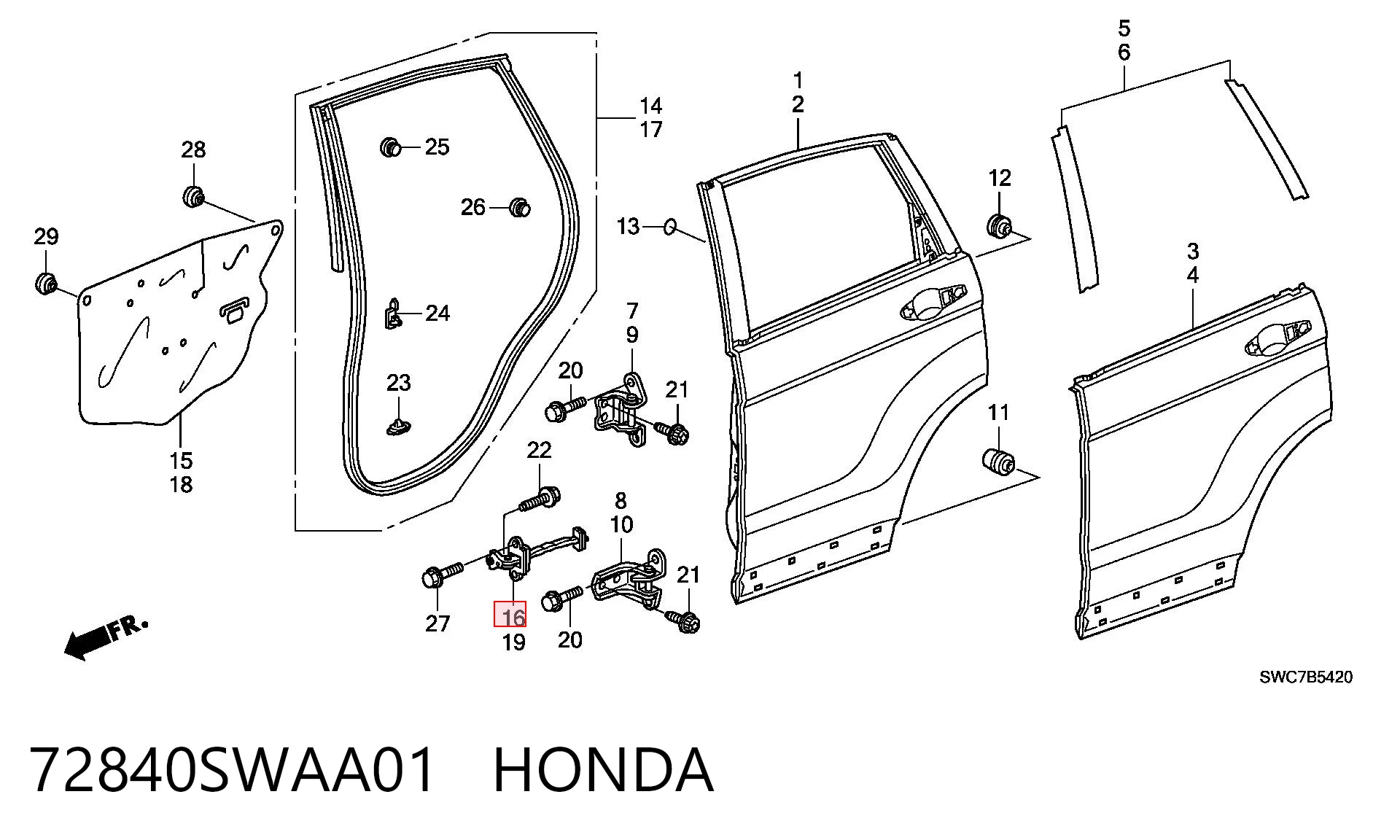 72840SWAA01 Honda Ogranicznik drzwi tylny prawy
