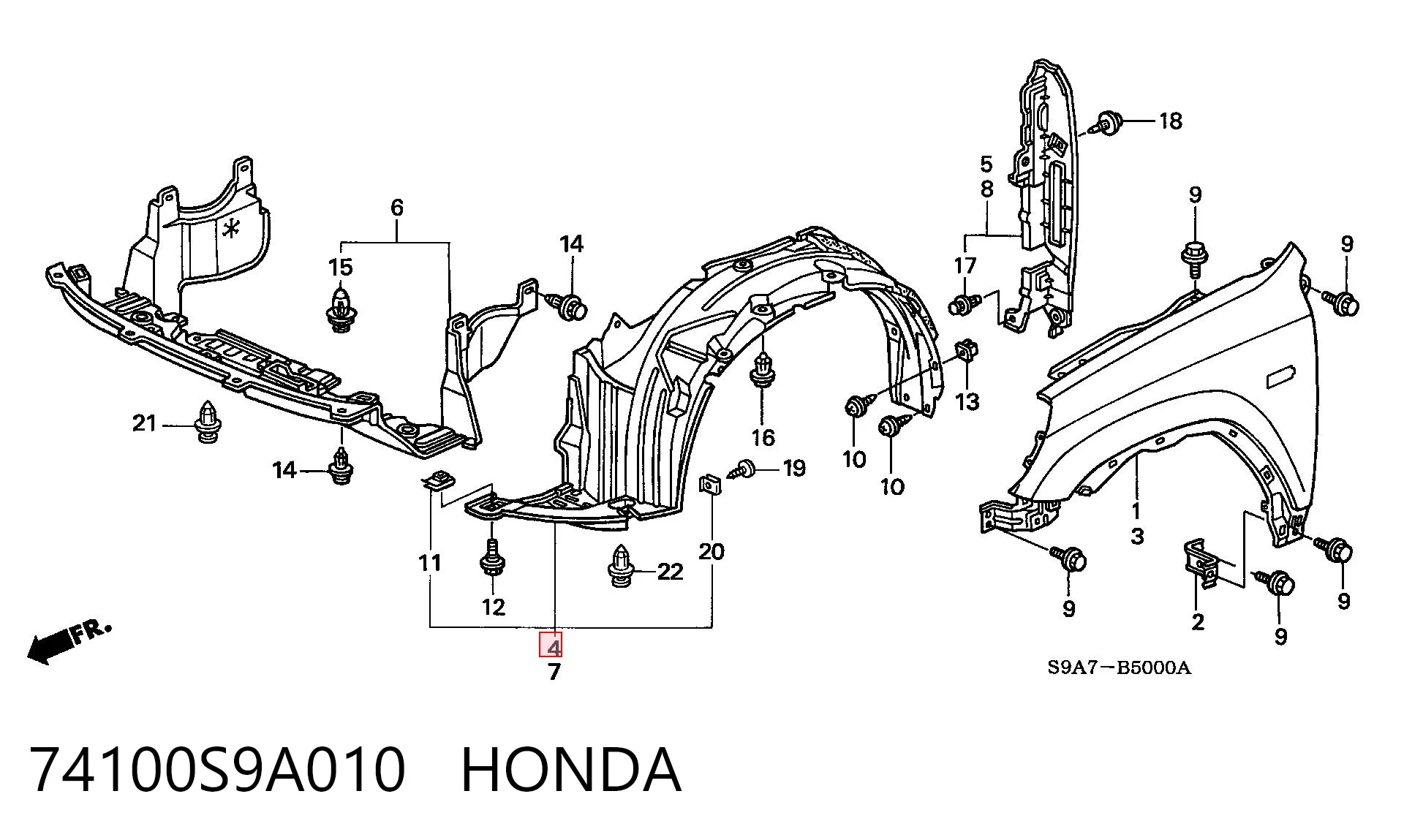 74100S9A010 Honda Nadkole błotnika przedniego prawe