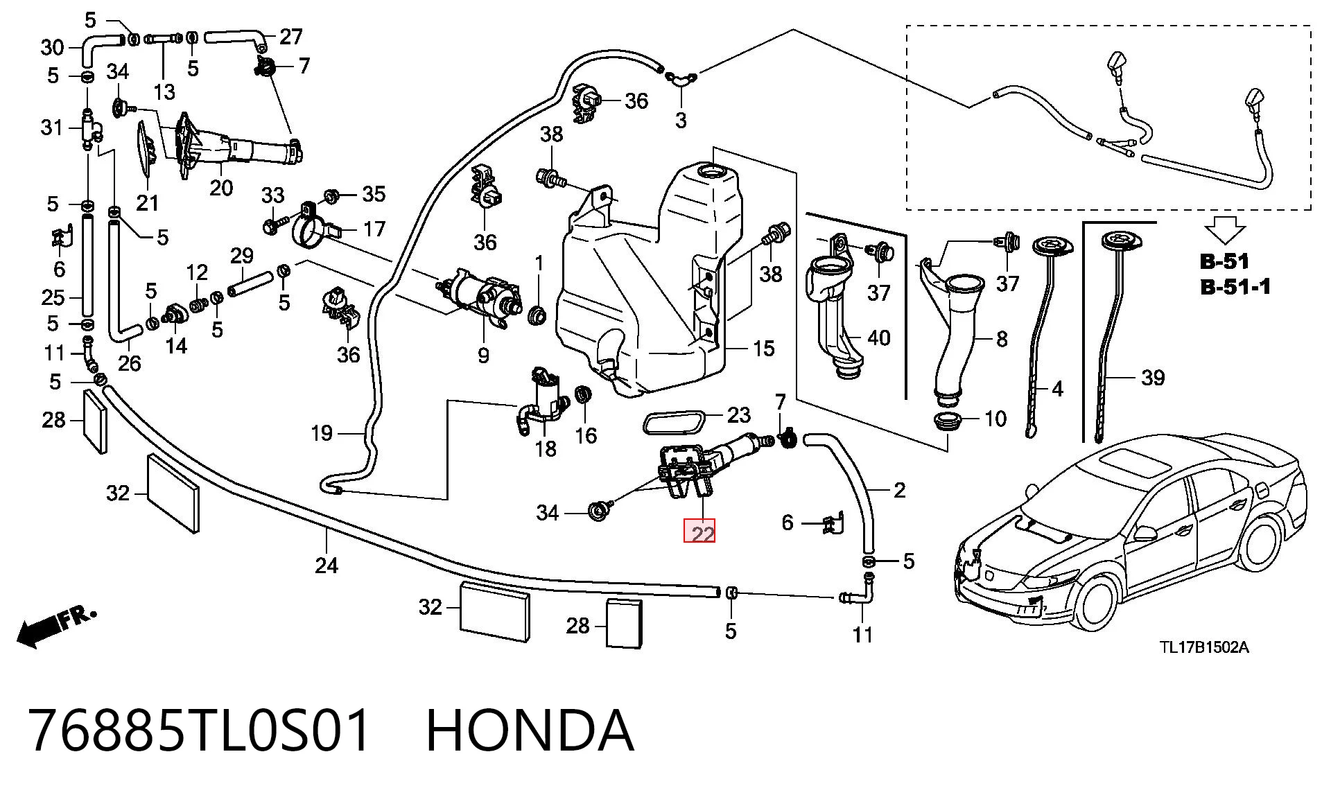 76885TL0S01 Honda Dysza spryskiwacza reflektora przedniego lewego
