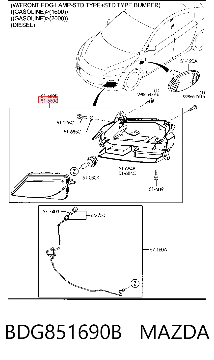 Lampa przeciwmgielna lewa do Mazda 3  BL