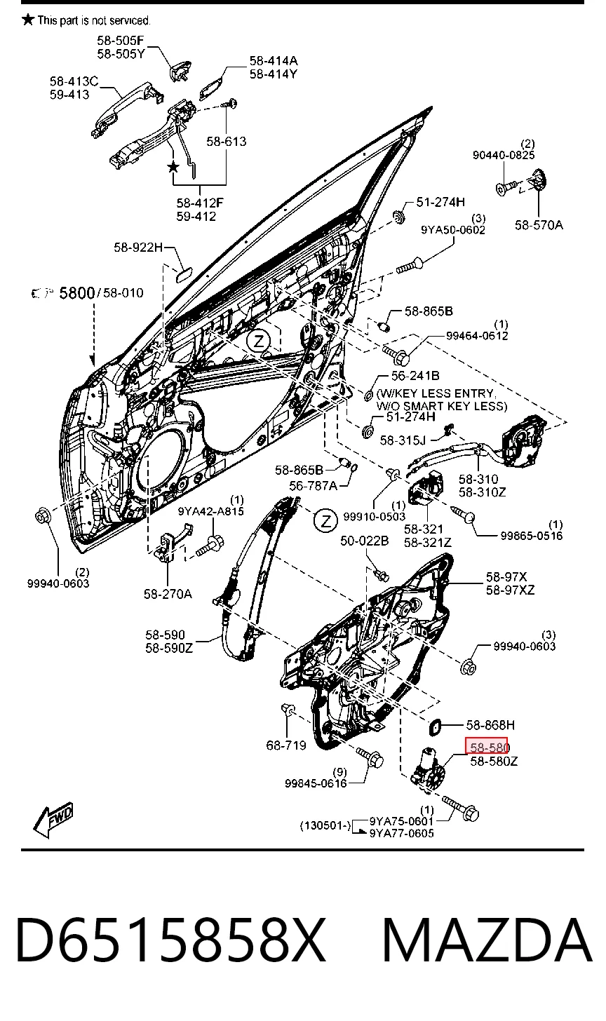 D6515858X Mazda Silniczek podnośnika szyby drzwi przednich prawych