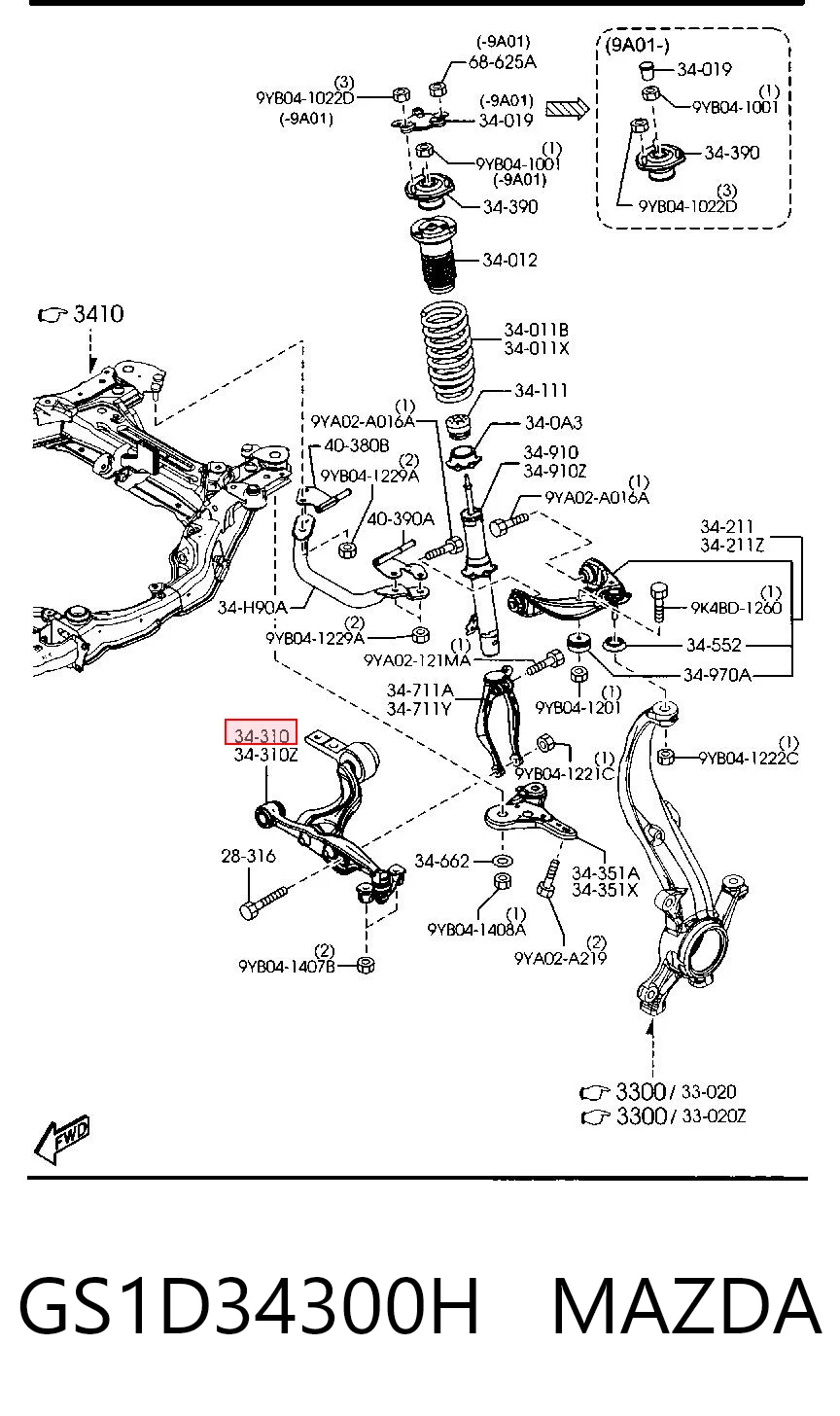 GS1D34300H Mazda Wahacz zawieszenia przedniego dolny prawy