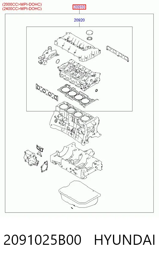 2091025B00 Hyundai/Kia Zestaw uszczelek silnika pełny