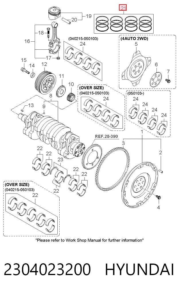 2304023200 Hyundai/Kia Zestaw pierścieni tłokowych do silnika, STD