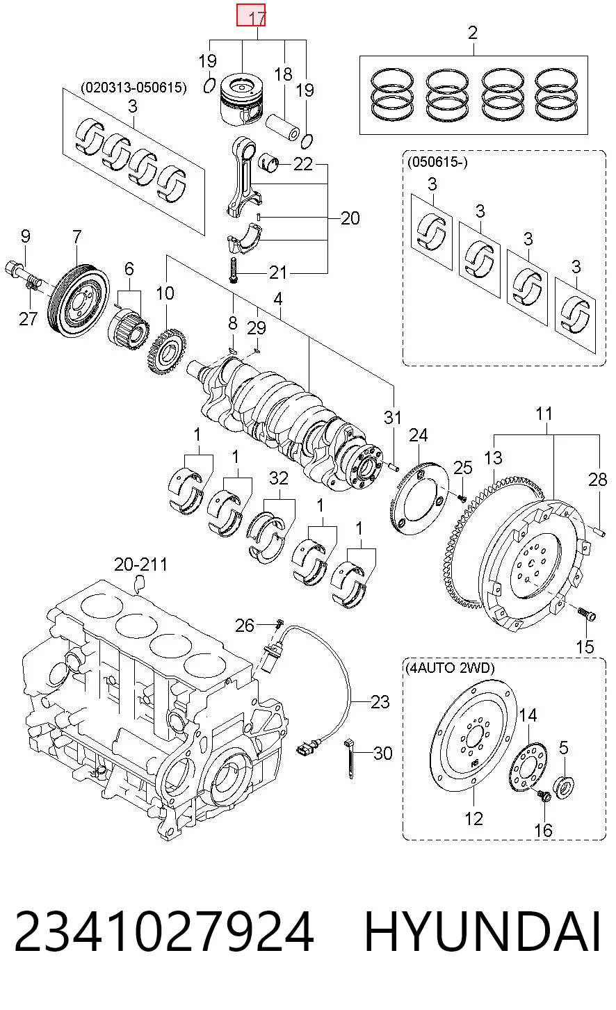 Tłok, komplet na 1 cylinder, 2. naprawa (+0,50) do KIA Cerato LD