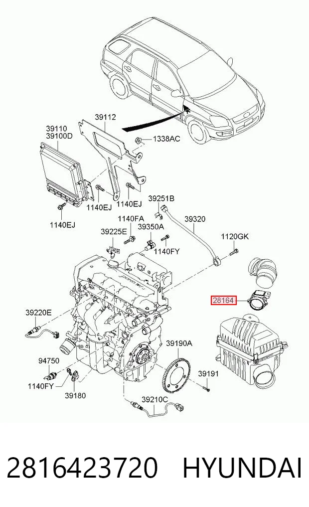 2816423720 Hyundai/Kia Czujnik przepływu powietrza, przepływomierz powietrza M.A.F.