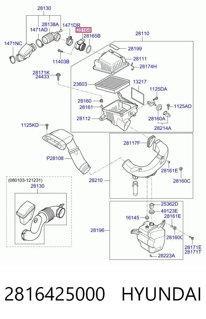 2816425000 Hyundai/Kia Czujnik przepływu powietrza, przepływomierz powietrza M.A.F.