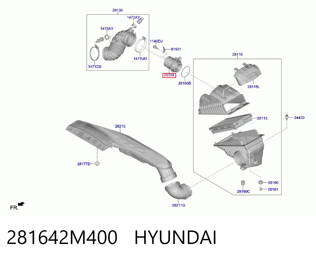 281642M400 Hyundai/Kia Czujnik przepływu powietrza, przepływomierz powietrza M.A.F.