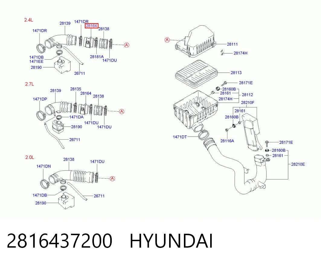 2816437200 Hyundai/Kia Czujnik przepływu powietrza, przepływomierz powietrza M.A.F.