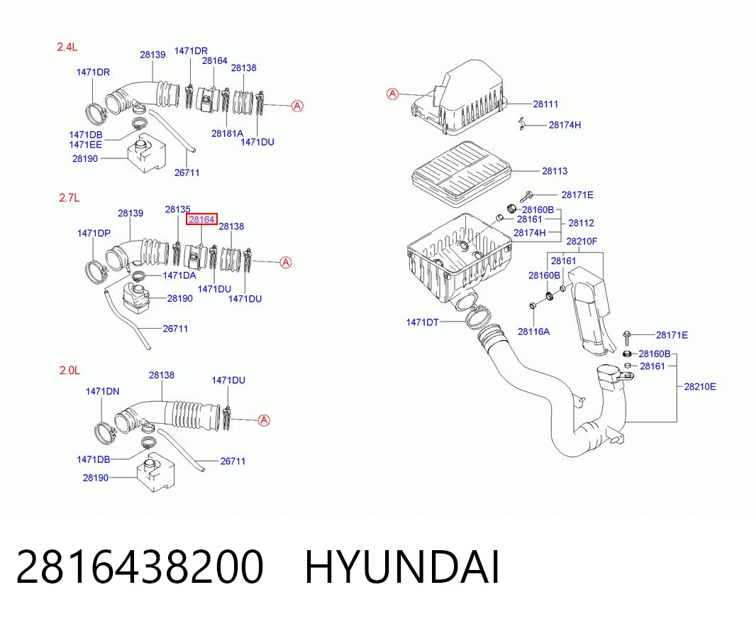 2816438200 Hyundai/Kia Czujnik przepływu powietrza, przepływomierz powietrza M.A.F.