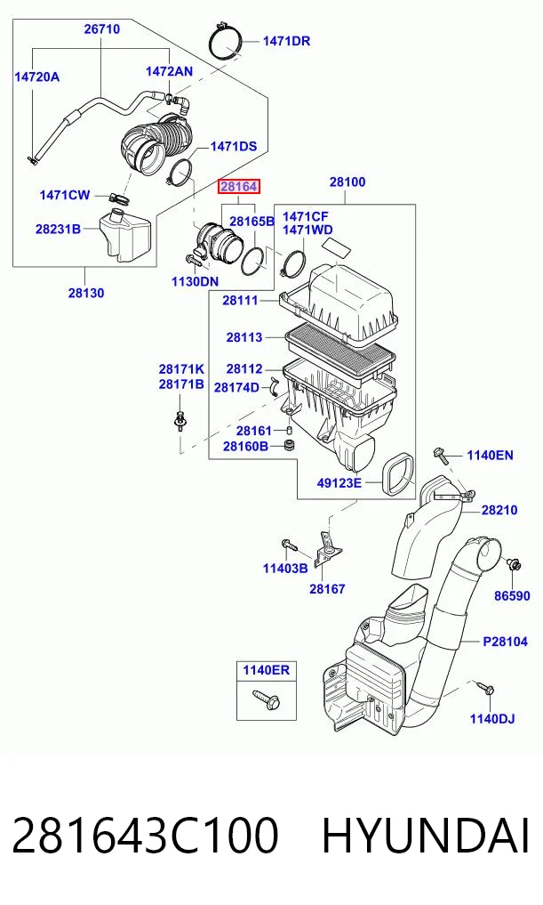 281643C100 Hyundai/Kia Czujnik przepływu powietrza, przepływomierz powietrza M.A.F.