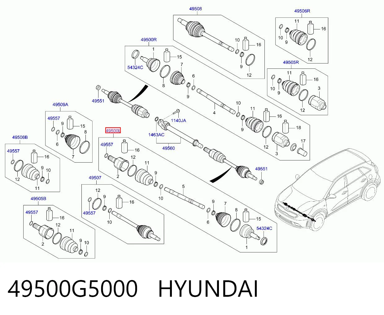 49500G5000 Hyundai/Kia Półoś napędowa przednia lewa