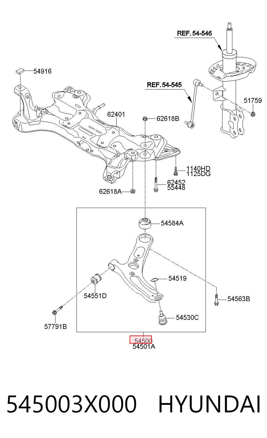 545003X000 Hyundai/Kia Wahacz zawieszenia przedniego dolny lewy