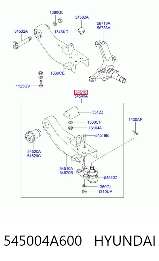 Wahacz zawieszenia przedniego dolny lewy do Hyundai H200  