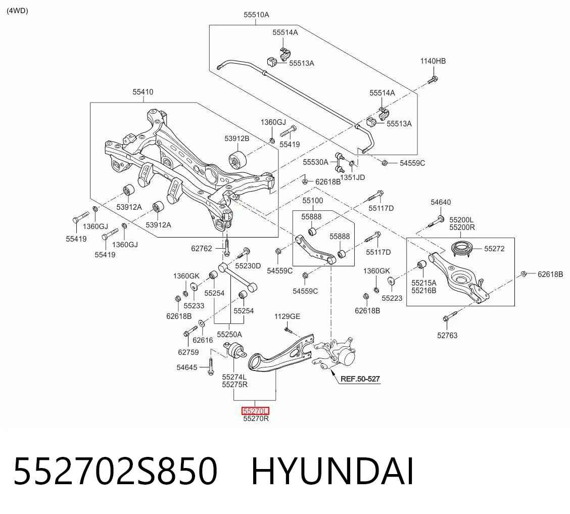 552702S850 Hyundai/Kia Wahacz (drążek) zawieszenia tylnego podłużny dolny lewy