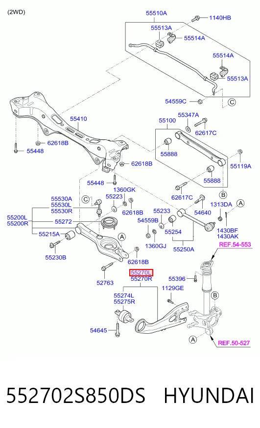 552702S850DS Hyundai/Kia Wahacz (drążek) zawieszenia tylnego podłużny dolny lewy