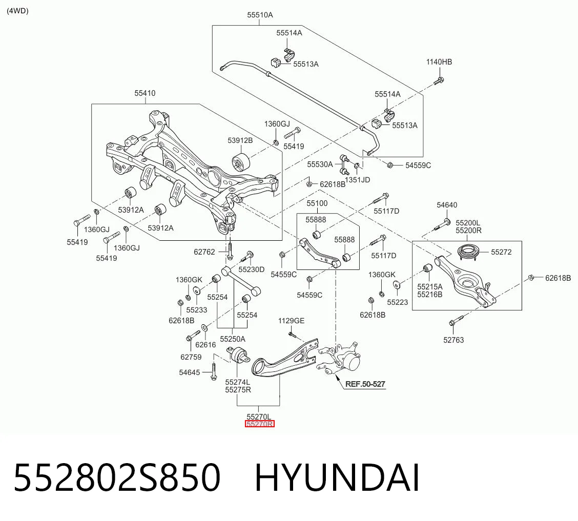 552802S850 Hyundai/Kia Wahacz (drążek) zawieszenia tylnego podłużny dolny prawy