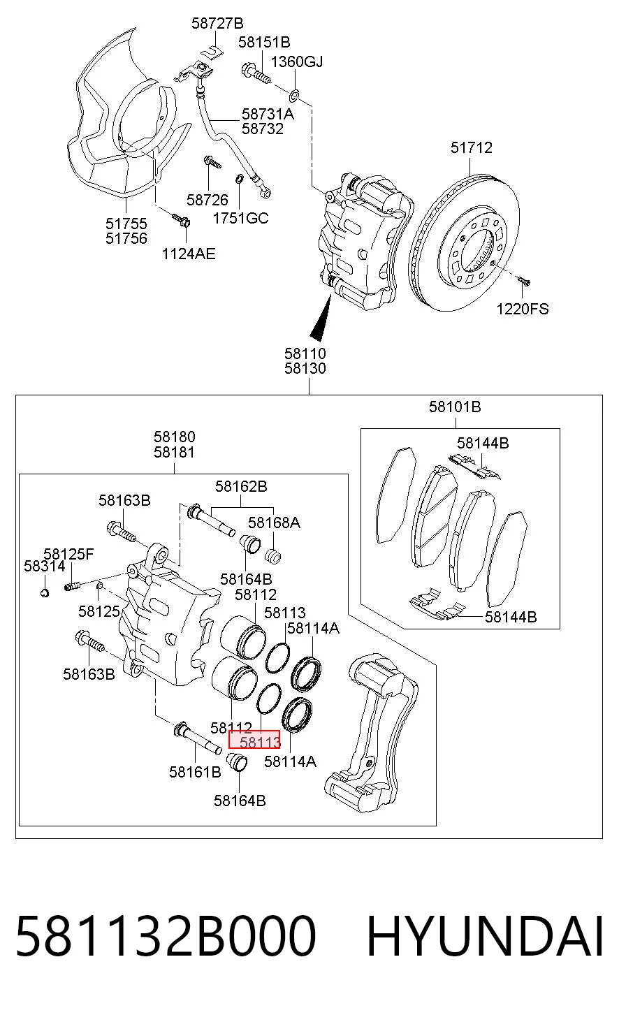 581132B000 Hyundai/Kia Zestaw naprawczy zacisku hamulcowego przedniego