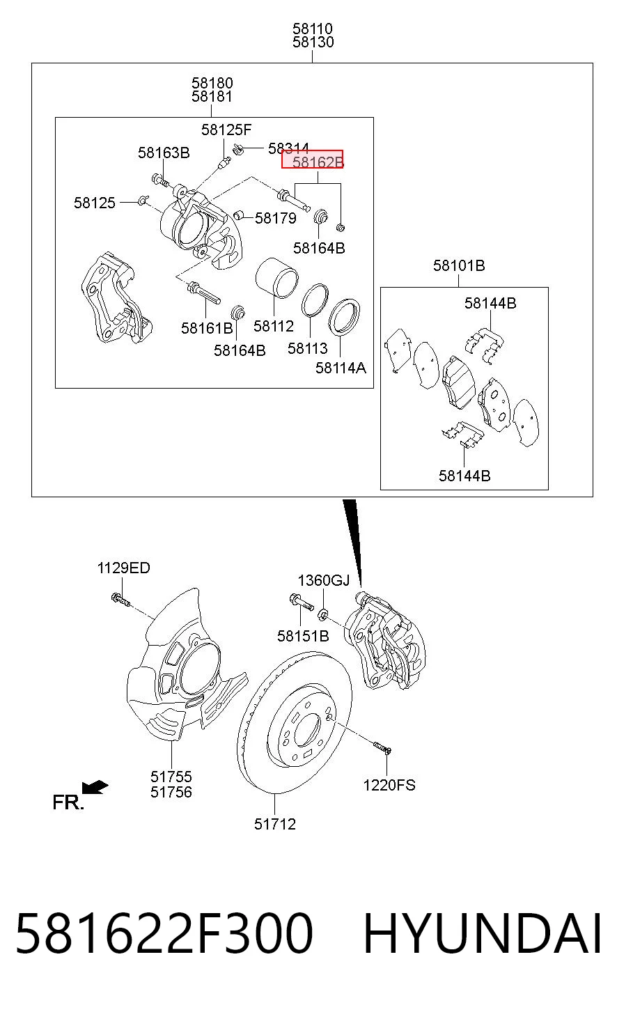 581622F300 Hyundai/Kia Prowadnica zacisku przedniego górna