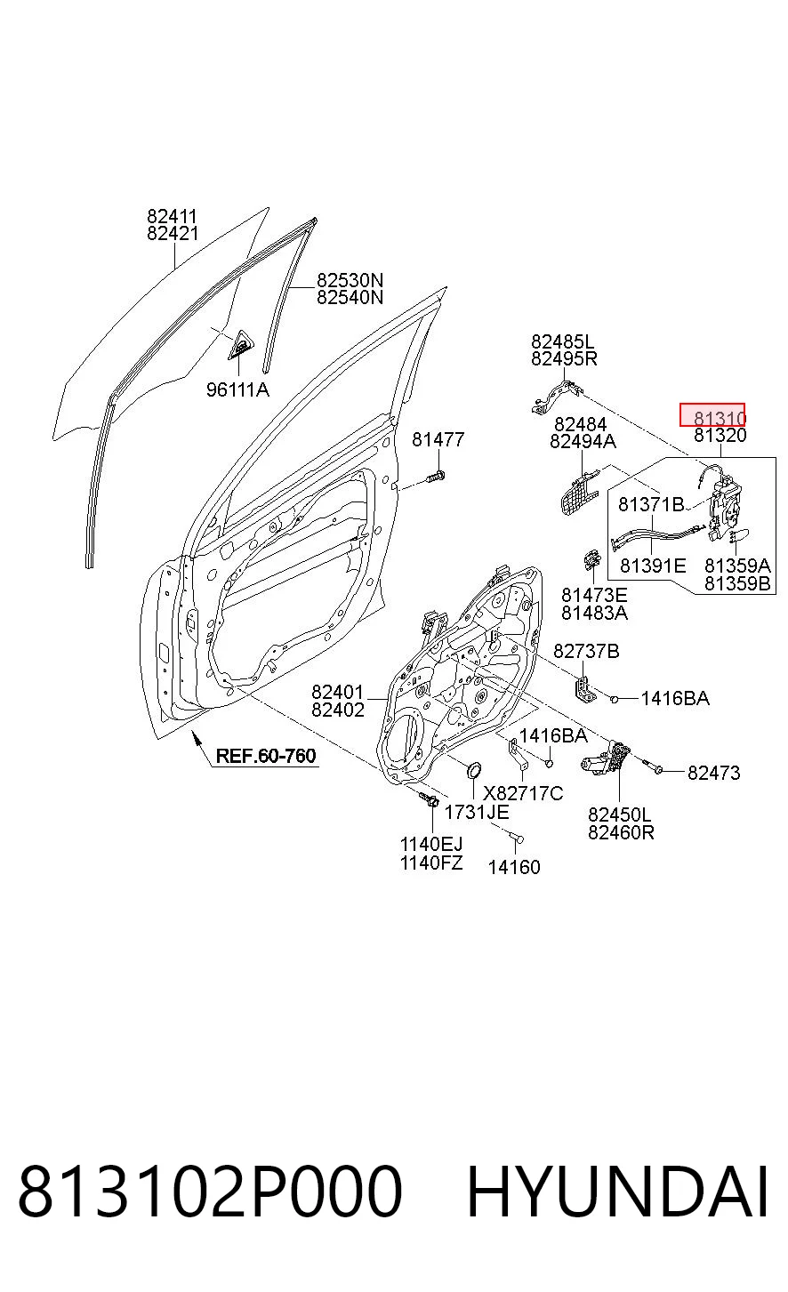 813102P000 Hyundai/Kia Zamek drzwi przednich lewych